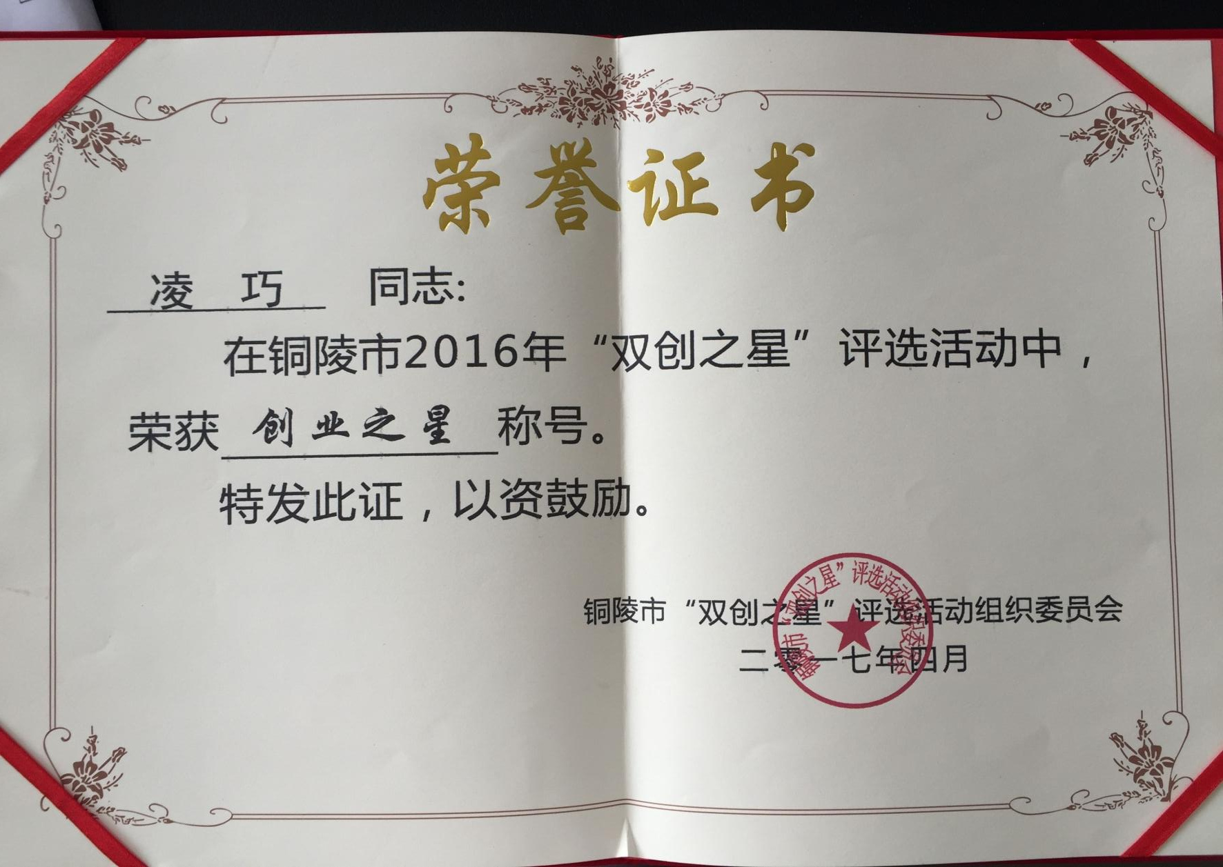 “创业之星”称号